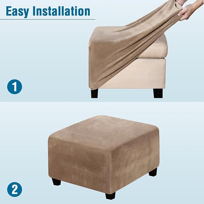 H.VERSAILTEX Square Ottoman Covers Ottoman Slipcover Square Footstool Protector Covers Storage Stool Ottoman Covers Stretch with Elastic Bottom, Feature Real Velvet Plush Fabric, Camel