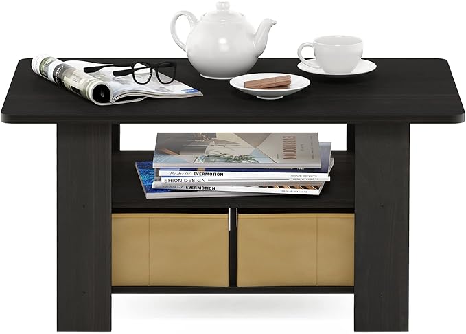 Furinno Andrey Coffee Table, Small Modern Center Table with Storage and Bin Drawer, Side Table for Living Room, Bedroom, Home Office, Dark Espresso