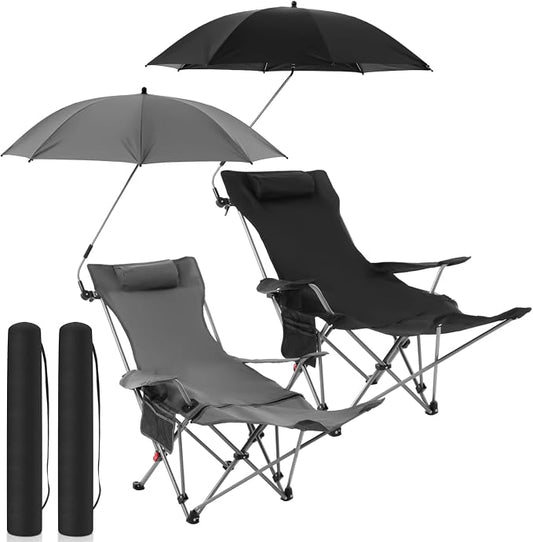 Yuntau 2 Set Reclining Beach Chairs with UPF 50+ Umbrellas Shade, Upgraded Heavy Duty Portable Folding Lounge Camping Chair with Canopy Removable Footrest & Headrest for Outdoor Patio(Grey, Black)