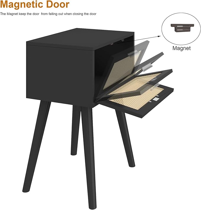 LAATOOREE Nightstand Set of 2, Small End Table with Rattan Door, Bedside Table with Solid Wood Feet, Boho Side Table for Bedroom Living Room Small Space, Black
