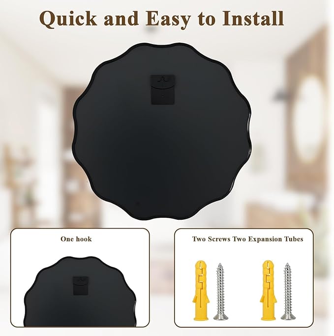 VooBang Black Scalloped Circle Mirror, 36" Wavy Edge Round Wall Mirror with Tempered Glass Textured Circular Metal Deep Frame, Hanging Leaning for Bathroom, Hallway, Entryway, Livng Room