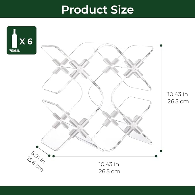 Acrylic 6 Bottle Countertop Wine Rack, Clear Freestanding Tabletop Wine Holder, Modern Space-Saving Wine Storage Organizer for Kitchen Bar Pantry