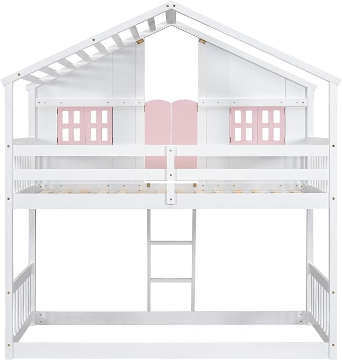 Twin Over Twin Floor House Bunk Bed with Roof and Window, Storage Box, Low Loft Bunker Bed for Small Space, No Box Spring Needed for Kids Girls Boys, Pink/White