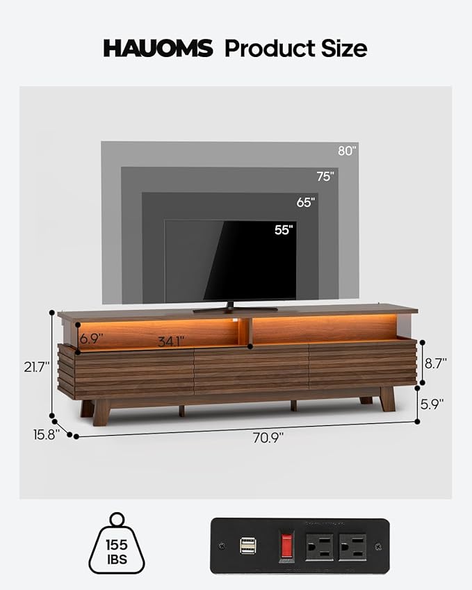 HAUOMS 70.9”TV Stand for Living Room with Cable Management, Hidden Power Station, LED Lights, Media Console up to 80", Entertainment Center, Fluted Modern TV Cabinet with Storage, Anti-Tip, Walnut