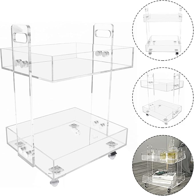 2-Tier Acrylic Cart Clear Acrylic Rolling Nightstand on Wheels Modern Side/End for Bedroom Bedside for Home Small Spaces Dining Room Tea Wine Holder Serving Cart Furniture