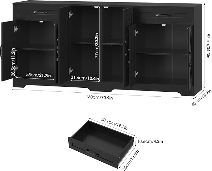 BOTLOG 71” Large Sideboard Buffet Cabinet with Storage, Farmhouse Kitchen Buffet Cabinet with Adjustable Shelves and 6 Barn Doors, Wood Coffee Wine Bar Console Table for Kitchen, Dining Room, Black
