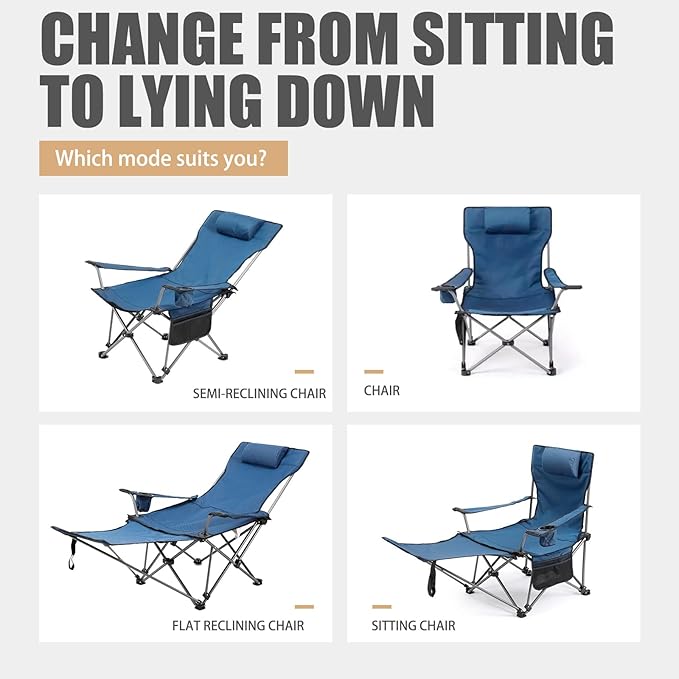 Camping Chairs Zero Gravity Recliner Chair with 4-in-1 Adjustable - Portable Folding Recliner with Cup Holder & Side Pocket, Detachable Footrest for Patio, Beach, Lawn, No Assembly - Blue