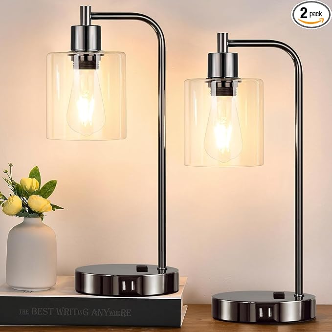 Industrial Touch Control Table Lamps Set of 2 - Black Nickel Bedside Lamps with 2 USB Ports & AC Outlet, 3-Way Dimmable Nightstand Desk Lamp for Bedroom Living Room, Glass Shade & 2 LED Bulbs Included
