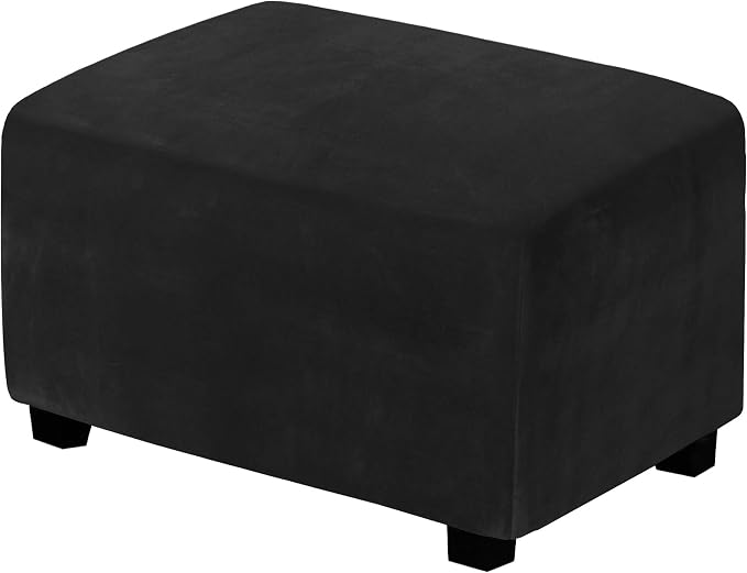 H.VERSAILTEX Real Velvet Plush 1 Piece Form Fit Stretch Rectangle Folding Storage Covers Ottoman Slipcovers Removable Footstool Protect Footrest Covers Elastic Bottom, Machine Washable(Large, Black)