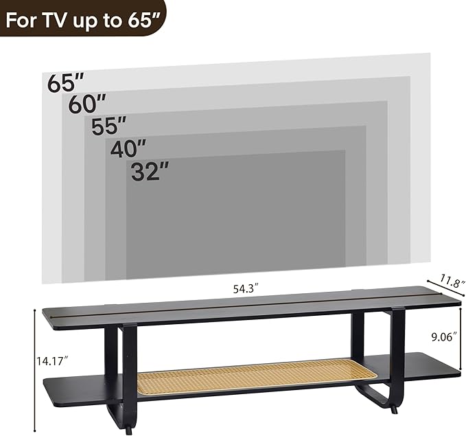 Bamboo TV Stand for TVs up to 65", Accent Entertainment Center with Storage, Media Console Table with Shelf, Modern TV Stand for Living Room, Bedroom, 54.3"(L), Black