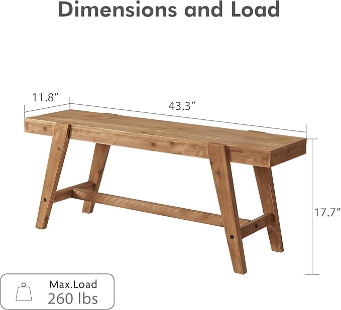 HOKYHOKY Farmhouse Solid Wood Entryway Bench – 43.4 Inches Rustic Long Bench, Dining Bench with Angled Legs, Hand-Finished Natural Grain, for Foyer, Hallway, Bedroom
