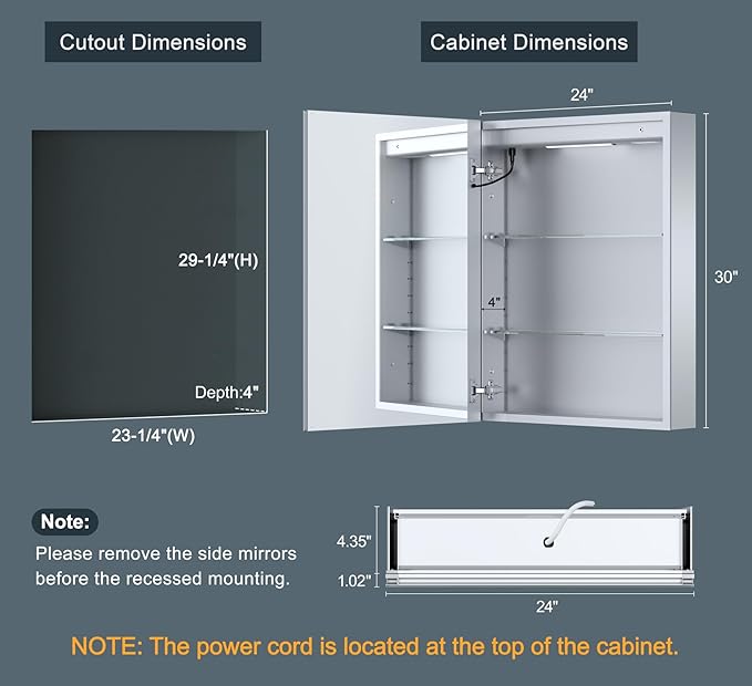 24x30 Inch Lighted Medicine Cabinet with Mirror, AL Alloy Frame, Plug-in or Hardwired, Recessed or Surface Mount, 3 Colors/Dimmable/Interior Sensor Light/Defog, 2 Outlets & USBs, 2 Shelves