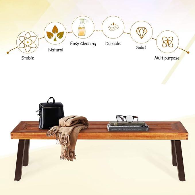 Giantex 60" Acacia Wood Bnech, 3-Person Backless Outdoor Patio Dining Bench with Metal Legs & Adjustable Foot Pads for Entryway, Balcony, Porch, Backyard, Garden and Poolside (1 Pack)