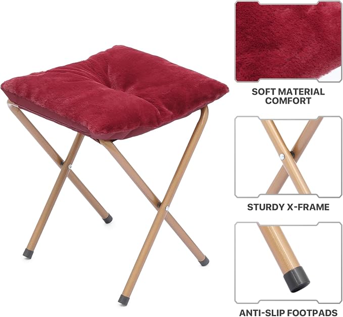 MoNiBloom Square Folding Faux Fur Saucer Chair for Bedroom Living Room Dorm Foldable Metal Frame Oversized Large Comfy Furry Padded Soft Cozy Moon Chair with Footrest Ottoman for Adults (Burgundy)