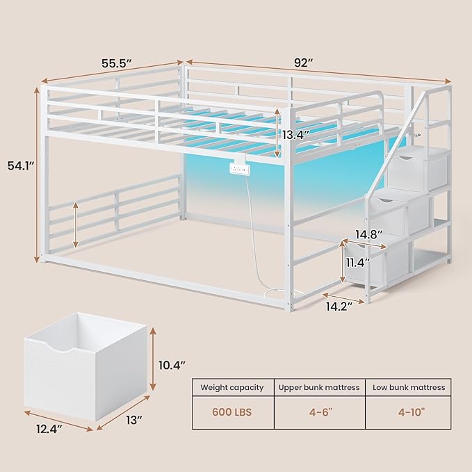 ADORNEVE Low Bunk Bed Full Over Full with Stairs, 3 Storage Drawers & Power Outlet, Full Size Metal Floor Bunk with RGB Lights & Shelves, Space-Saving Kids Bed, White