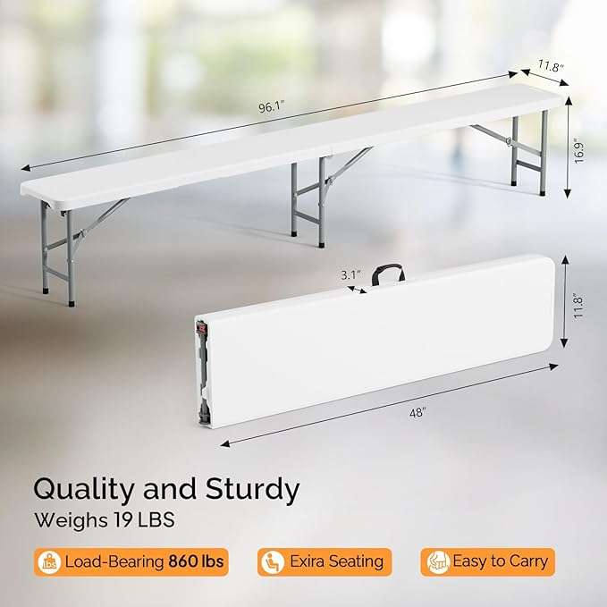 VINGLI 8 feet Plastic Folding Bench,Portable in/Outdoor Picnic Party Camping Dining Seat, Garden Soccer Multipurpose Entertaining Activities, Smooth HDPE Tabletop (1, White, 8ft)