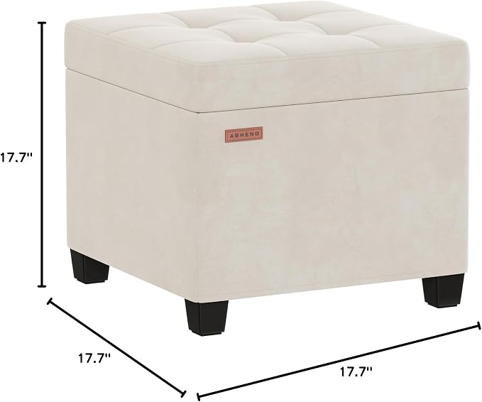 ABHENG Velvet Cover Steel Frame Ottoman with 48L Storage,17.7" x 17.7" x 17.7" Square Linen Storage Ottoman Stool Cube with Legs,for Dorm Livingroom White UASND64W