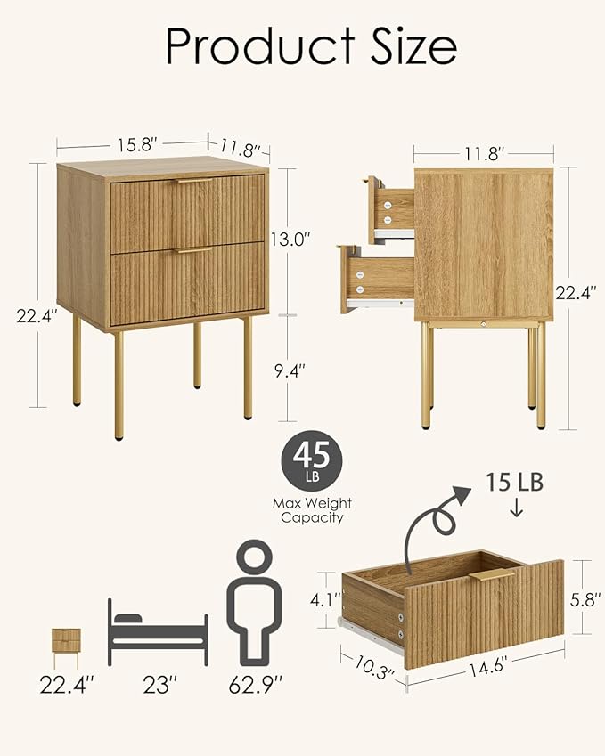 Aienvey Night Stand, Modern Nightstand with Drawers, Bedside Table, Gold Small Side Table for Bedroom, Living Room End Table (Oak Stripe, 2 Drawers)