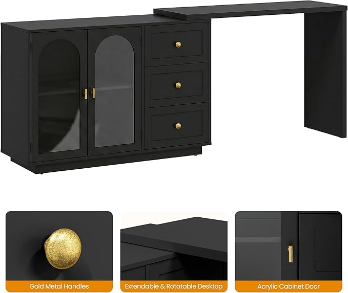 RoyalCraft 83" Makeup Vanity Desk, Black Vanity Dresser, L Shaped Corner Vanity Table with 3 Drawer & 2 Door, Modern Extendable Dressing Table for Bedroom, Dressing Room, Small Space (Without Mirror)