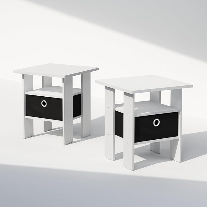Furinno TIDUR Night Stand Set of 2, Open Shelf Design Nightstand with Storage Bin, Bedside Table, End Table, Side Table, for Bedroom, Closet, Dorm, White