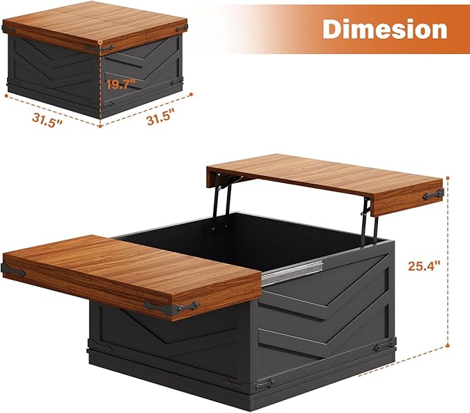 UNIQUITE 31.5'' Lift Top Coffee Table, Sliding Top Square Center Table with Large Hidden Storage Organizer, Multi-Functional Farmhouse Coffee Tables for Living Room, Bedroom, Home Office, Black
