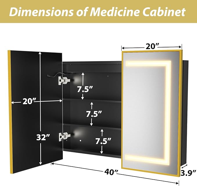 APRILSOUL 40x32 Inch Lighted Bathroom Medicine Cabinet with Mirror, Gold Recessed or Surface Mount Medicine Cabinet Mirror with Storage and LED Lights, 3 Colors Temperature, Dimmable Light