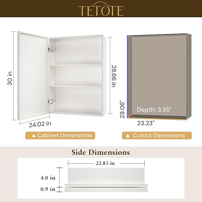 TETOTE Medicine Cabinet 24" x 30" Bathroom Mirror with Storage White Medicine Cabinet with Mirror for Bathroom, Beveled Framed, Adjustable Shelves, Surface Mount or in Wall
