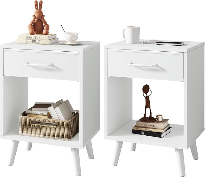 YMYNY Nightstand Set of 2, Bedside Table, Side Table with Fabric Drawer, Handle and Open Compartment, Solid Wood Legs, Wooden Coffee Table for Bedroom, White UHST020W-2
