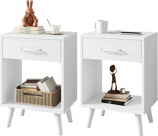 YMYNY Nightstand Set of 2, Bedside Table, Side Table with Fabric Drawer, Handle and Open Compartment, Solid Wood Legs, Wooden Coffee Table for Bedroom, White UHST020W-2