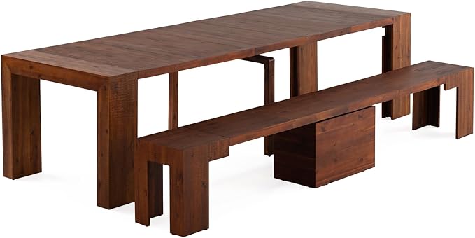 Transformer Table - Solid Wood Extendable Dining Table, Seats 2-12, Expandable Dining Room Table, Space-Saving Furniture, Kitchen and Dining Room Furniture (Red Oak, Table + Bench)