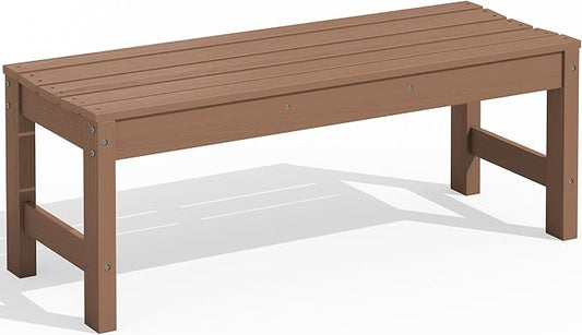 SERWALL 47 Inches Outdoor Bench, All Weather HDPE Backless Bench with Wood Grain Texture for Garden Porch and Park, Curved Bench Seat for Comfort, Brown