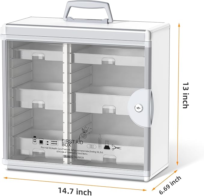 Glosen Lockable Medicine Cabinet with 6 Removable Trays, Wall Mounted & Portable Locking Medicine Cabinet Organizer with Key Lock for Home, Bathroom, Office - Aluminum Frame(15.63 * 6.5 * 15.43Inch)