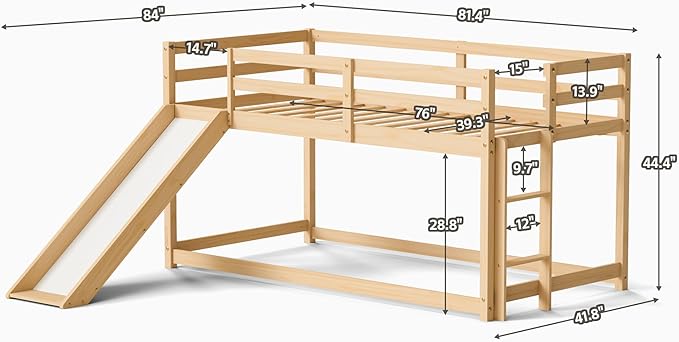 TOLEAD Low Bunk Bed with Slide, Floor Loft Bed with Climbing Ladder, Wood Twin Bunk Bed Frame with Full Guardrails & Storage Space for Kids Toddler