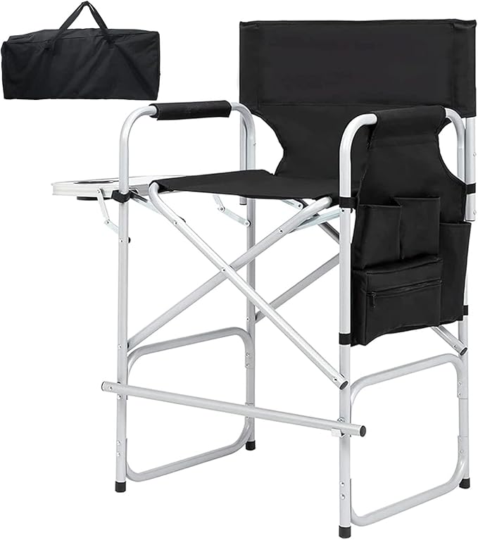Tall Directors Chair Foldable, Portable Makeup Artist Chair Heavy Duty with Side Table Storage Bag Footrest, Folding Chair for Camping and Golf Course, Supports 400lbs