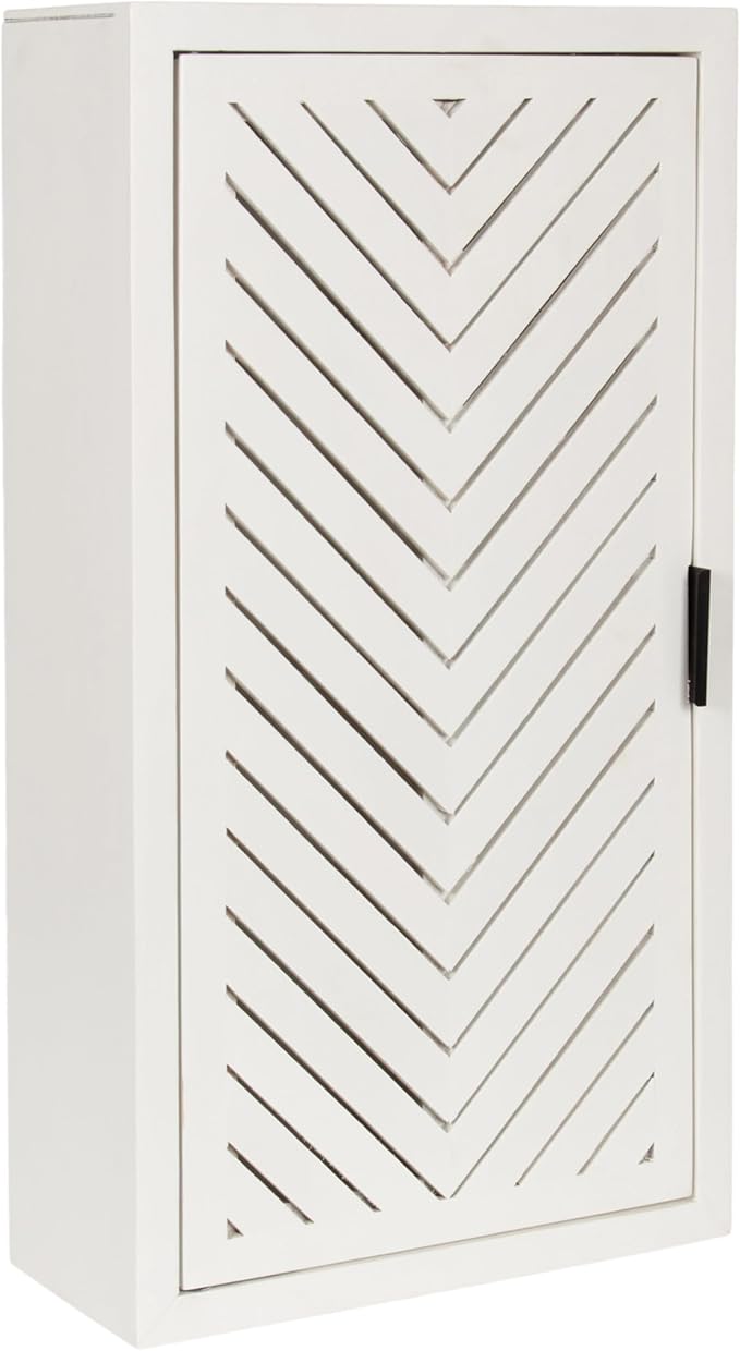 Kate and Laurel Mezzeta Decorative Modern One-Door Floating Bathroom Cabinet, 15 x 7 x 28, White, Decorative Over Toilet Storage Cabinet Made from Solid Mango Wood with Slatted Chevron Design