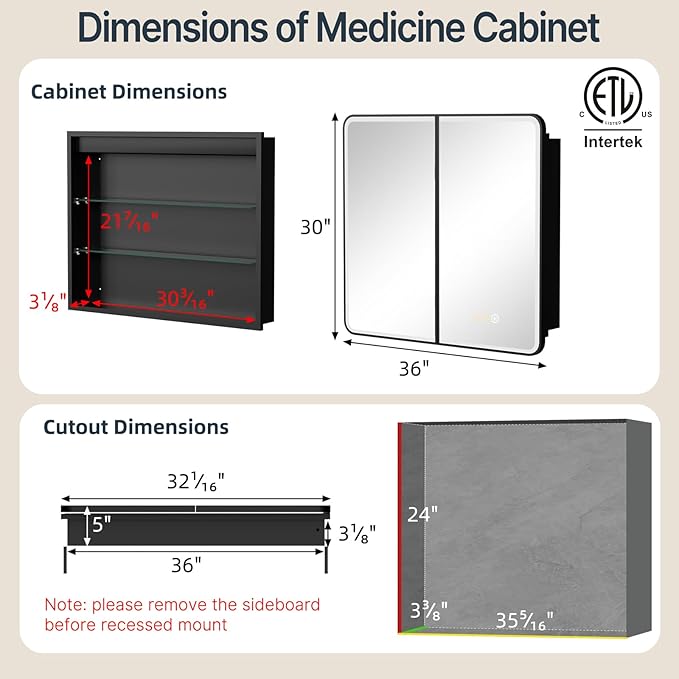 36x30 Inch Medicine Cabinet with Mirror, Recessed or Surface Mount Bathroom Medicine Cabinet with LED Lights, Anti-Fog, Memory Function, Adjustable Shelf, Dimmable Light, ETL Listed, Black