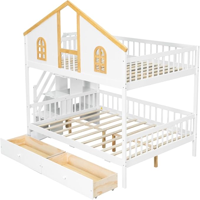Full Over Full Bunk Bed with Trundle and Storage Stairs, House Triple Bunk Castle Bed with Roof and Windows, Bookshelf, Space Saving for Kids, Boys, Girls, Adults, White
