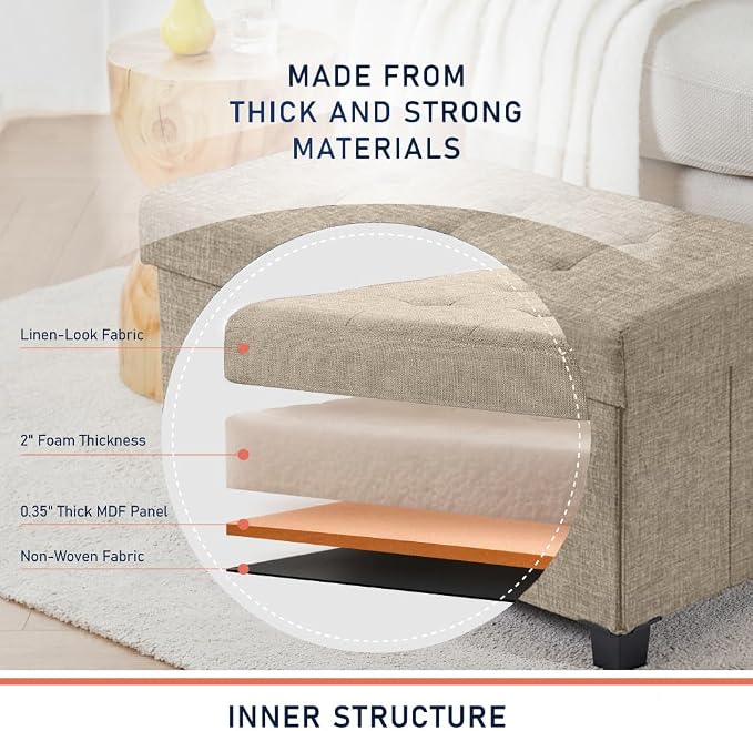 Ornavo Home 30 Inch Storage Ottoman, Large Storage Bench, Ottoman with Storage with Legs, Foot Rest Stool, Bedroom Bench - Tan/Taupe