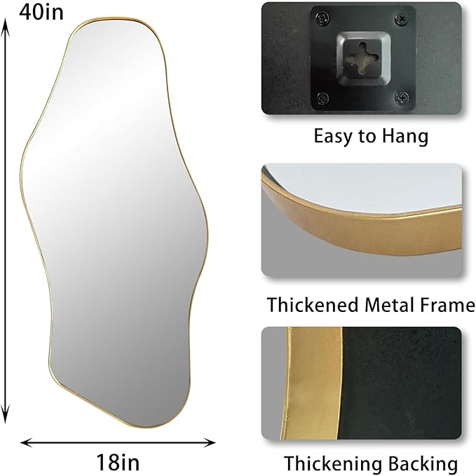 Irregular Wall Mirror, 40"x18" Asymmetrical Mirror with Gold Metal Frame, Organic Shaped Mirror for Living Room Bathroom Bedroom Hallway Entryway, Hangs Vertically or Horizontally