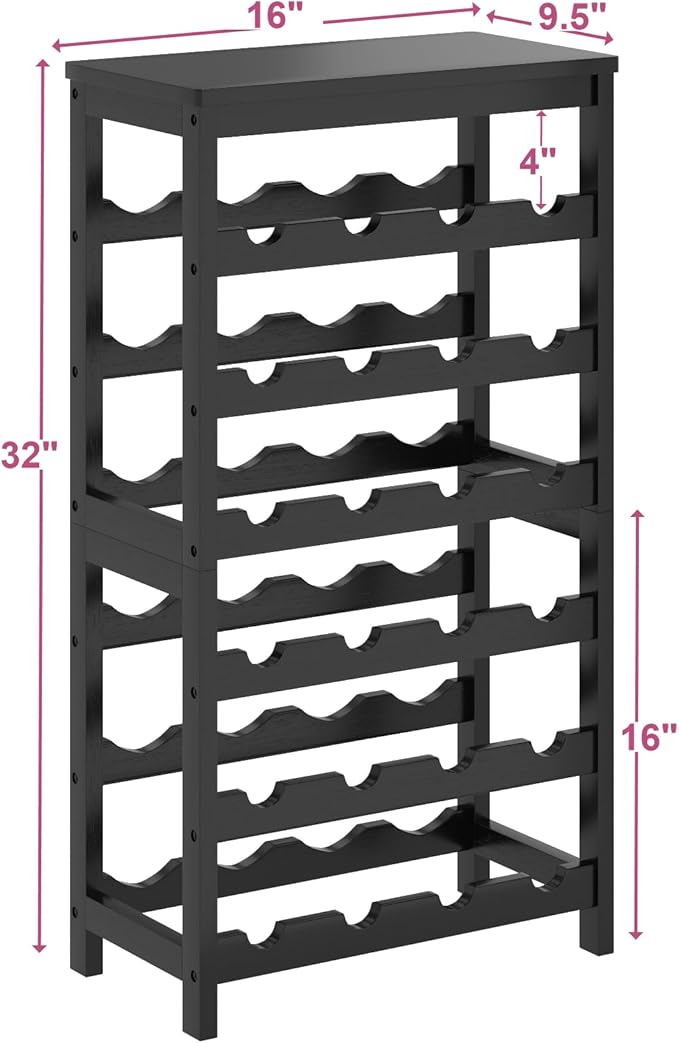 MOGELAFOO 6 Tier Bamboo Wine Rack Freestanding Floor, 24 Bottles Wine Storage Shelves with Table Top, Stackable Wine Display Rack for Kitchen, Bar, Dining Room, Black