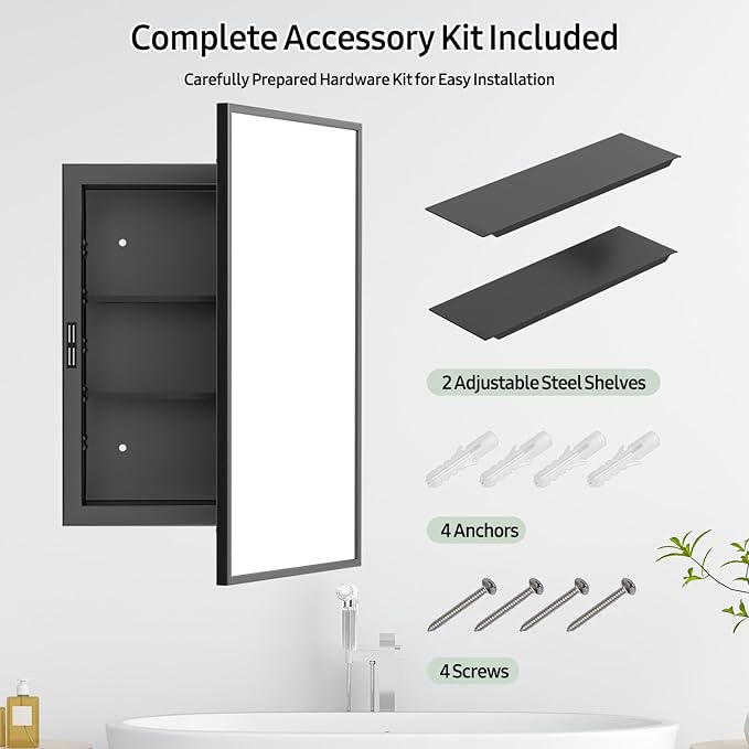 NLShan Medicine Cabinet Mirror for Bathroom: Recessed Vanity Bathroom Cabinet with Mirror Door - Black Metal Framed and Wall Mounted Design with Adjustable Shelves for Bathroom Storage