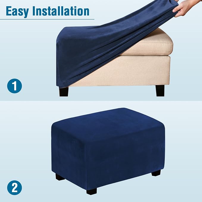 H.VERSAILTEX Real Velvet Plush 1 Piece Form Fit Stretch Rectangle Folding Storage Covers Ottoman Slipcovers Removable Footstool Protect Footrest Covers Elastic Bottom, Machine Washable(X-Large, Navy)