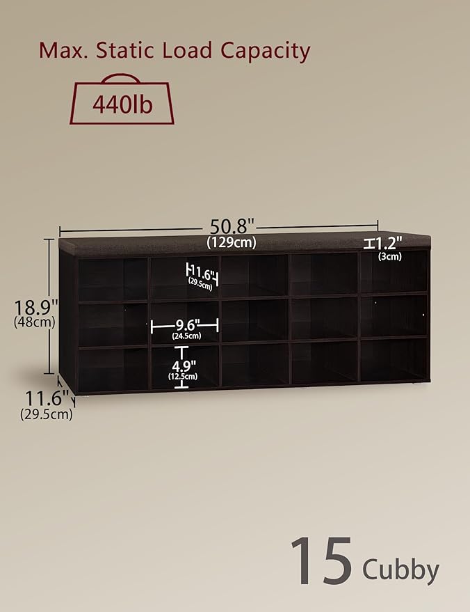 DINZI LVJ Shoe Storage Bench with Cushion, 15-Cubby Shoe Rack, Adjustable Shelves, Long Shoe Organizer Bench for Entryway, Mudroom, Hallway, Living Room, Bedroom and Garage, Espresso