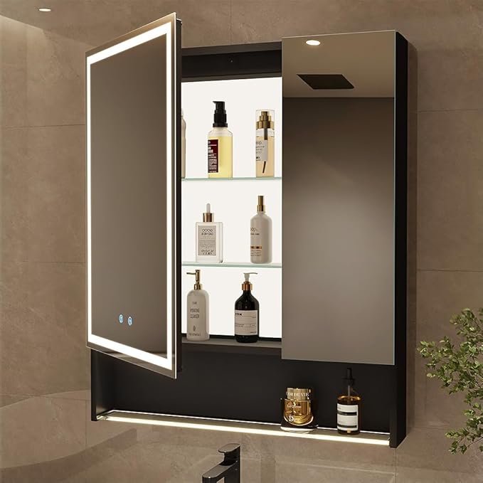 30"×34" LED Lighted Medicine Cabinet with Backlight, Adjustable Brightness 3 Color Temperature Lighting Anti-Fog Mirror 2 Socket & 2 USB Ports & Adjustable Shelf Wall Mounted