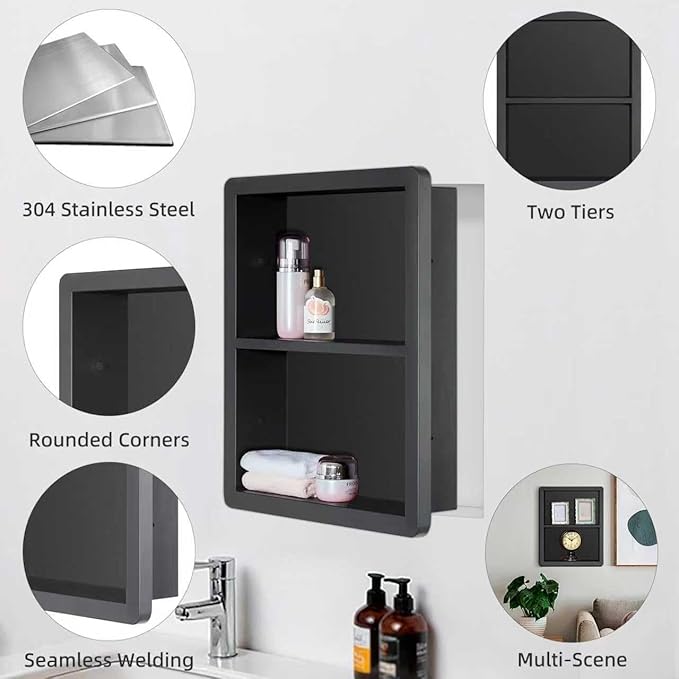 IDYLLOR Shower Niche 14x18, Recessed Medicine Cabinet Without Mirror, 304 Stainless Steel Bathroom Storage Cabinet with Shelf, Waterproof Wall Niche for Bathroom in Matte Black