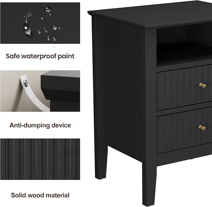 RoyalCraft Black Fluted Nightstand with 2 Drawers, Colorful Nightstand for Bedroom, Modern Wooden End Table with Storage for Small Spaces, Tall Side Sofa Table for Couch, Home Office