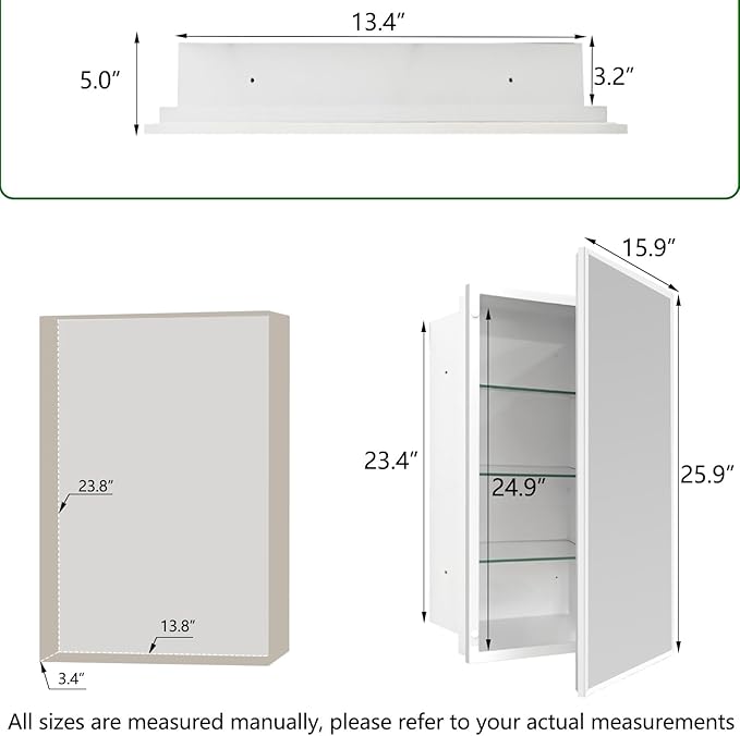 16x26 inch Medicine Cabinet with Mirror, Recessed Medicine Cabinet or Surface Wall Mount Plastic Bathroom Cabinets with Removable Shelves, Beveled Edge Mirror Cabinet