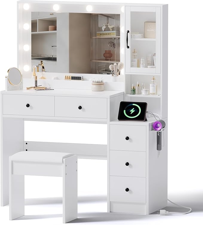 Makeup Vanity with Lights & Charging Station, White Vanity Table with 5 Drawers & Open Storage Shelves, Vanity Desk with Mirror & Lights, Dressing Table Set, Bedroom Makeup Table Set Black Handle