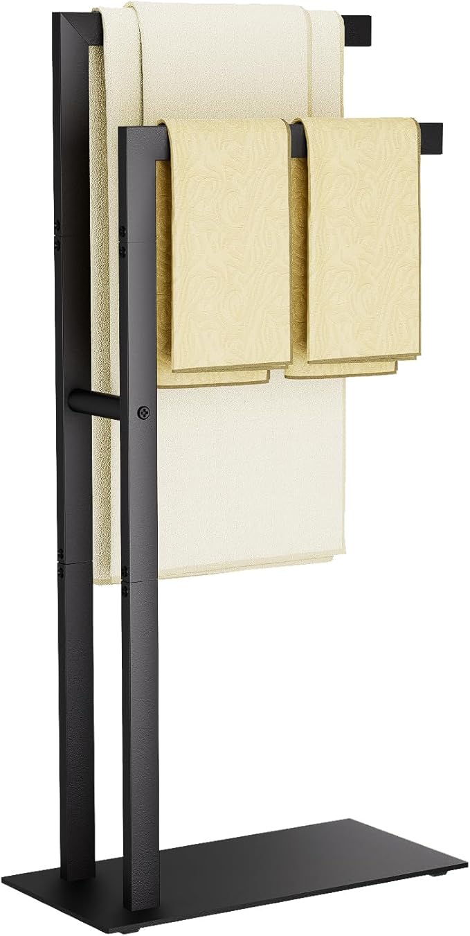 Yawinhe Free Standing Towel Rack, 2 Tier Blanket Holder with Marble Base, Metal Hand Towel Holder for Bathrooms, Drying and Display Rack with Shelf,15.7×7.87×31.49 inch,Black, SMJ003B