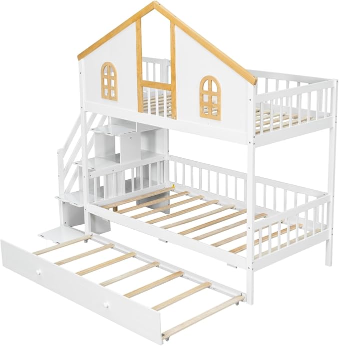 Twin Over Twin Bunk Bed with Trundle and Storage Stairs, House Triple Bunk Castle Bed with Roof and Windows, Bookshelf, Space Saving for Kids, Boys, Girls, Adults, White